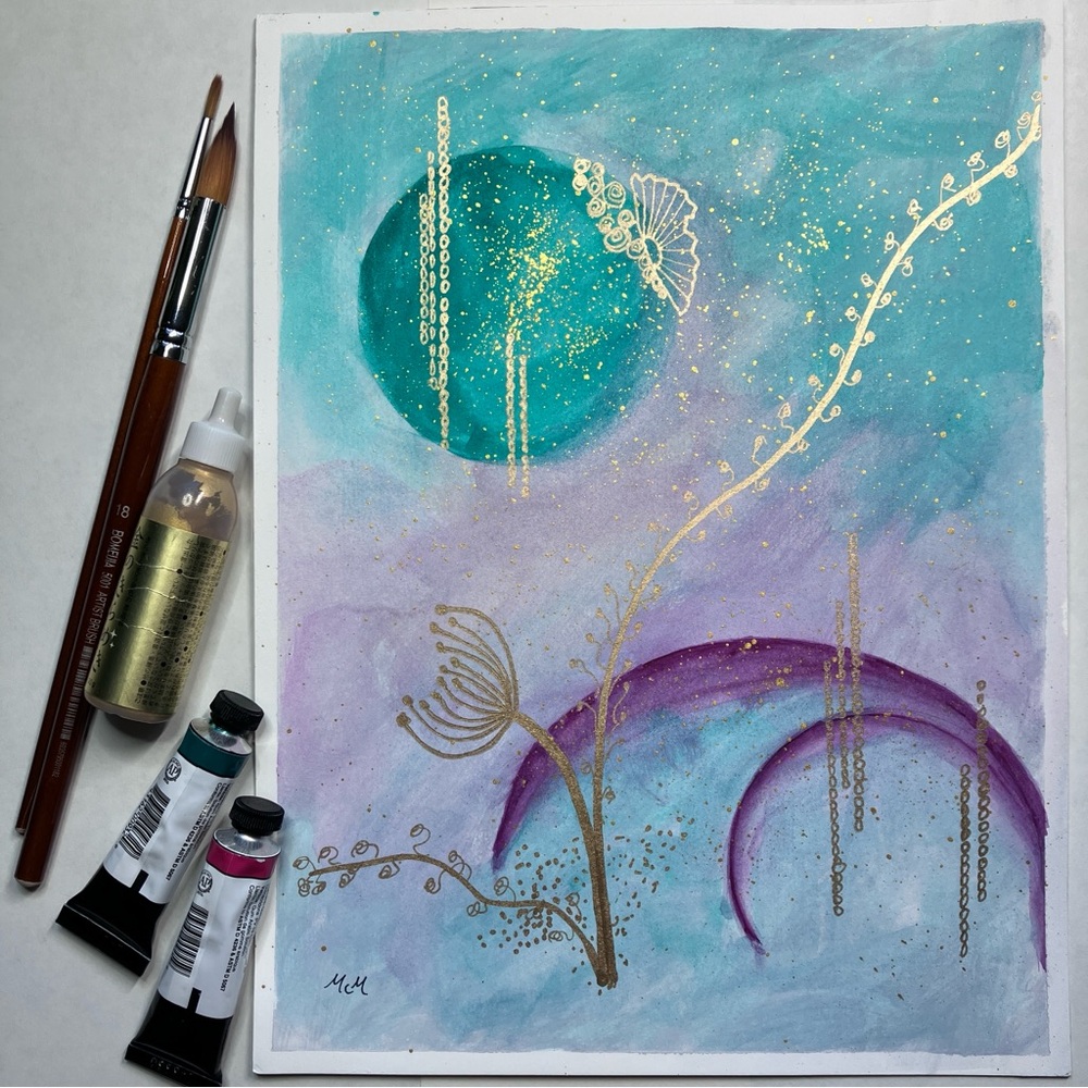 Abstract Original Watercolor Gold Leaf Floral Green & Purple Painting, 9x12